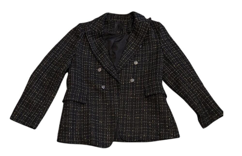 Mina Self Black & Gold Tweed Plaid Double-Breasted Blazer Size Large EUC